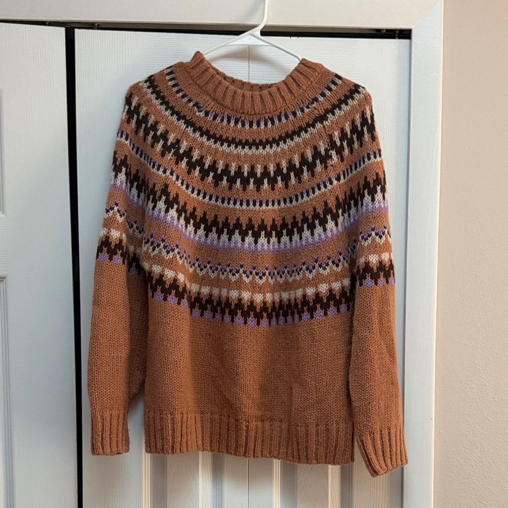 Love Tree Tan and Purple Fair Isle Crewneck Sweater